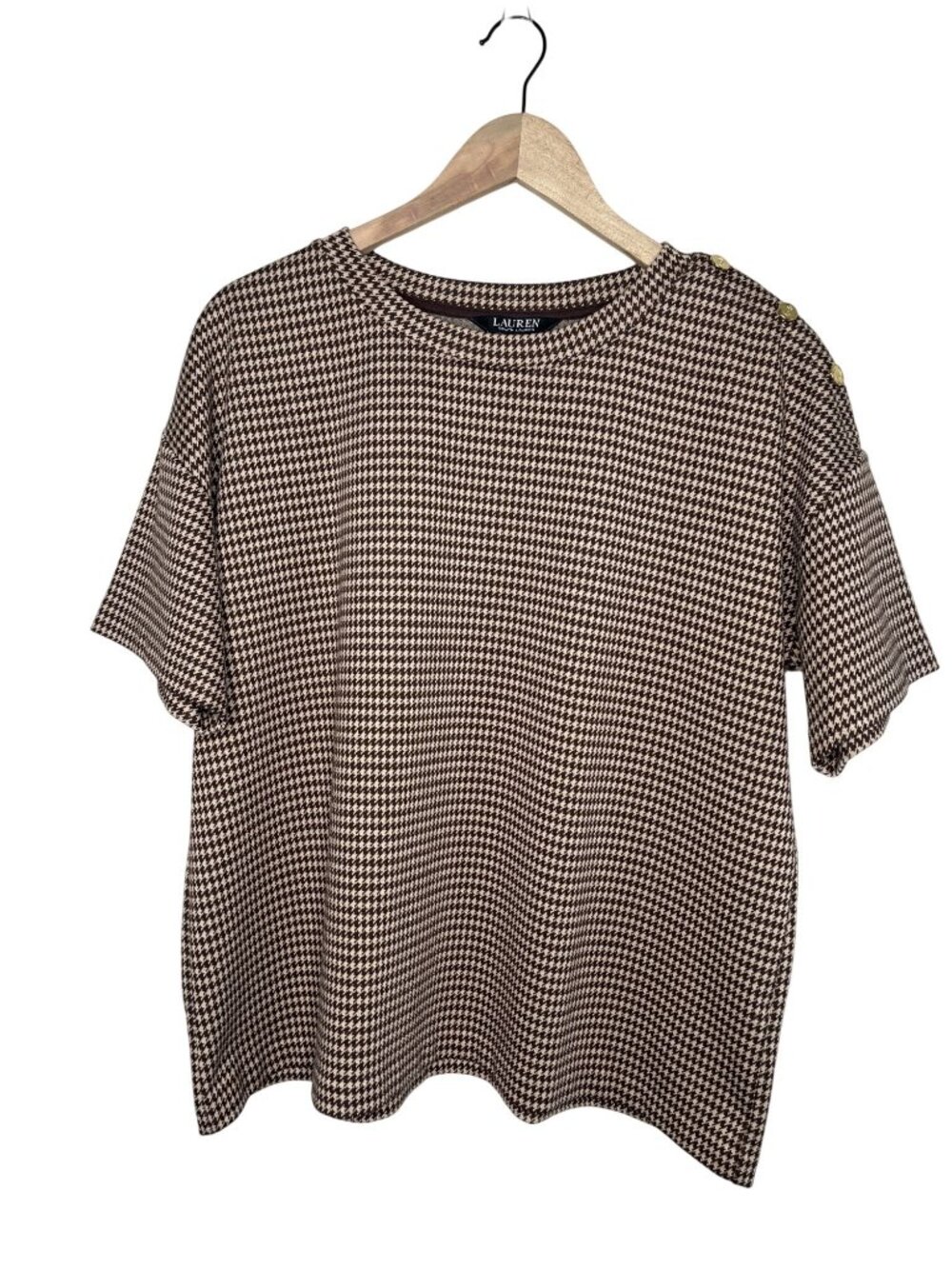Lauren Ralph Lauren Womens Houndstooth Gold Button Top Size 1X